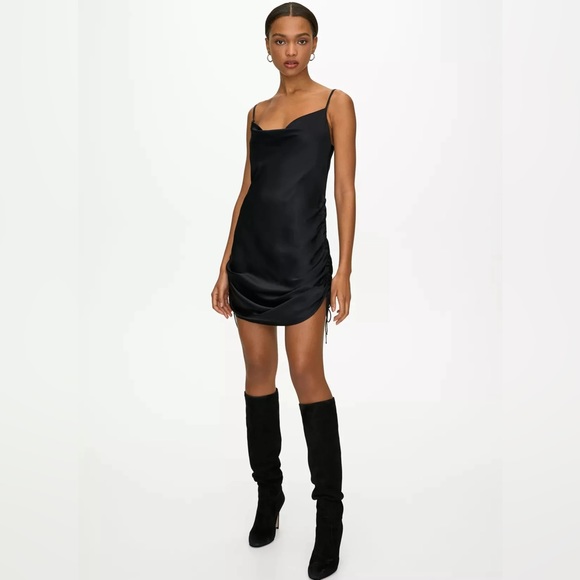 NEW Wilfred Only Ruched Black Satin Slip Mini Dress (Aritzia) - Picture 3 of 6